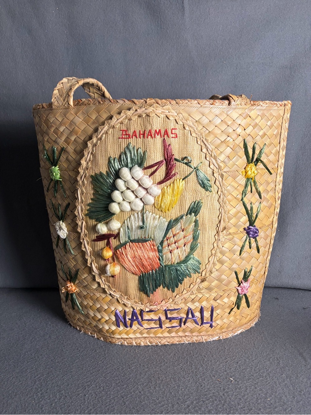 Vintage Nassau Bahamas Straw Raffia Tote Bag Boho Embroidered Tropical Floral